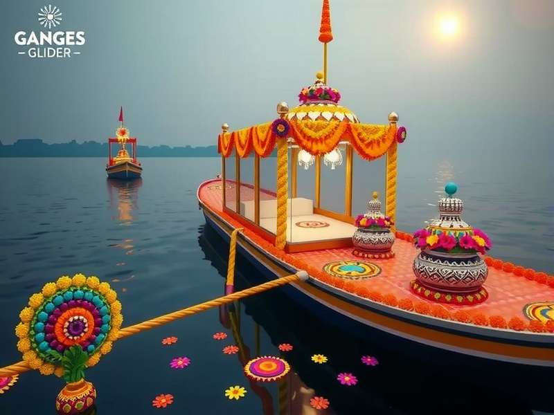 Ganges Glider - Onam Special Event Ganges Glider Onam Event Screenshot showing boat decorated with flowers and pookalam on riverbank